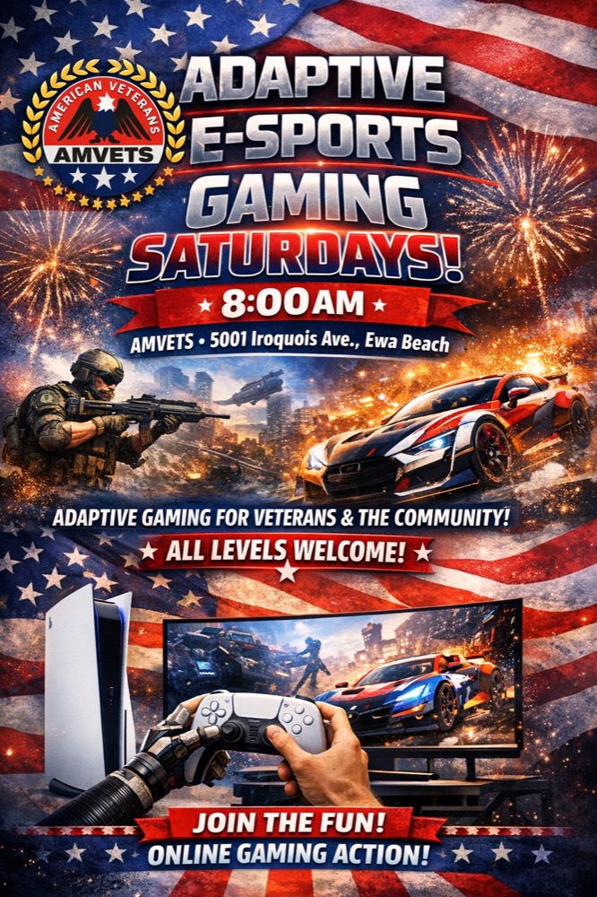 Adaptive E-Sports Gaming flyer — every Saturday 8 AM at AMVETS, Ewa Beach