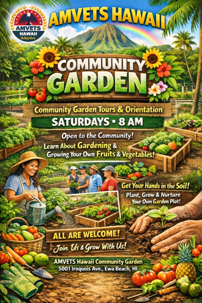 Community Garden flyer — every Saturday 8 AM at AMVETS, Ewa Beach