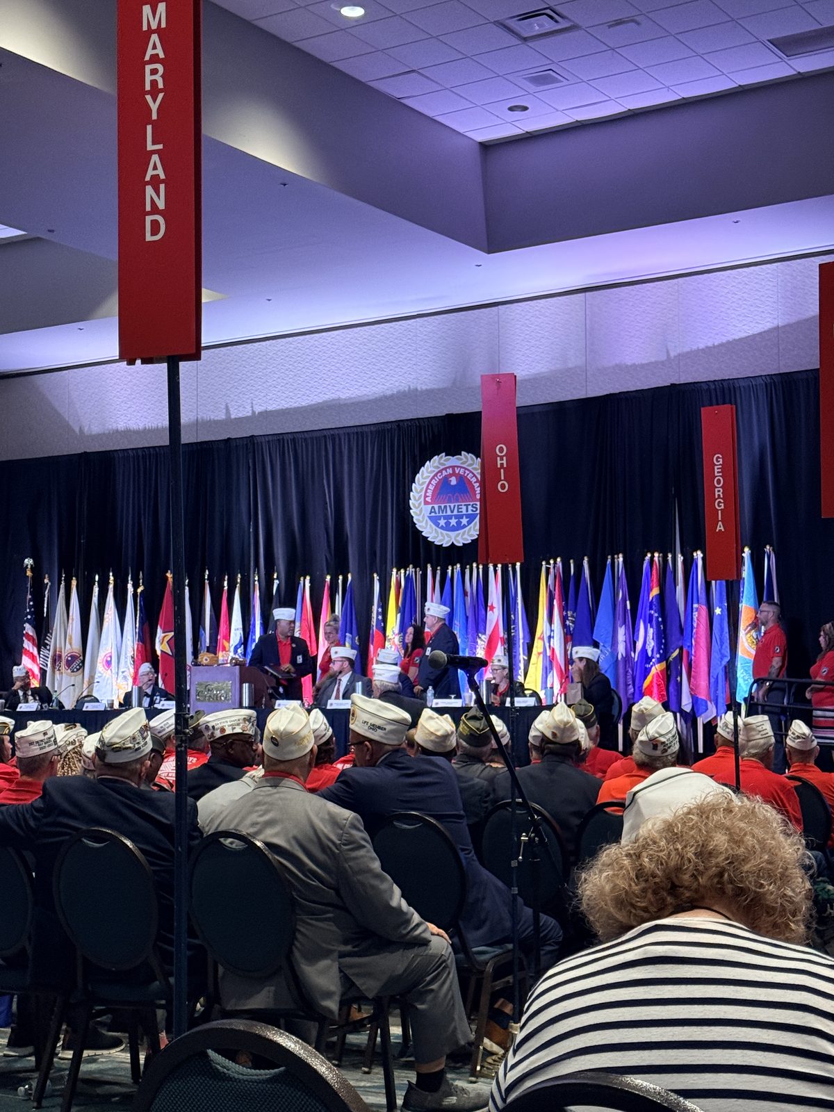 State banners and national colours above the seated delegates on the AMVETS convention floor.