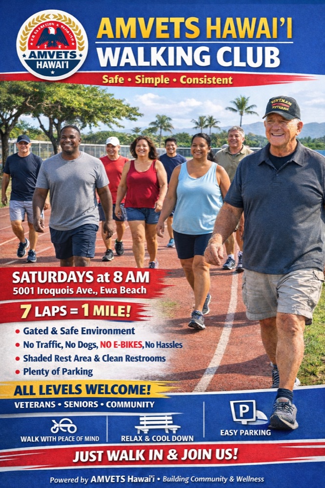 AMVETS Hawai'i Walking Club flyer — every Saturday 8 AM at AMVETS, Ewa Beach