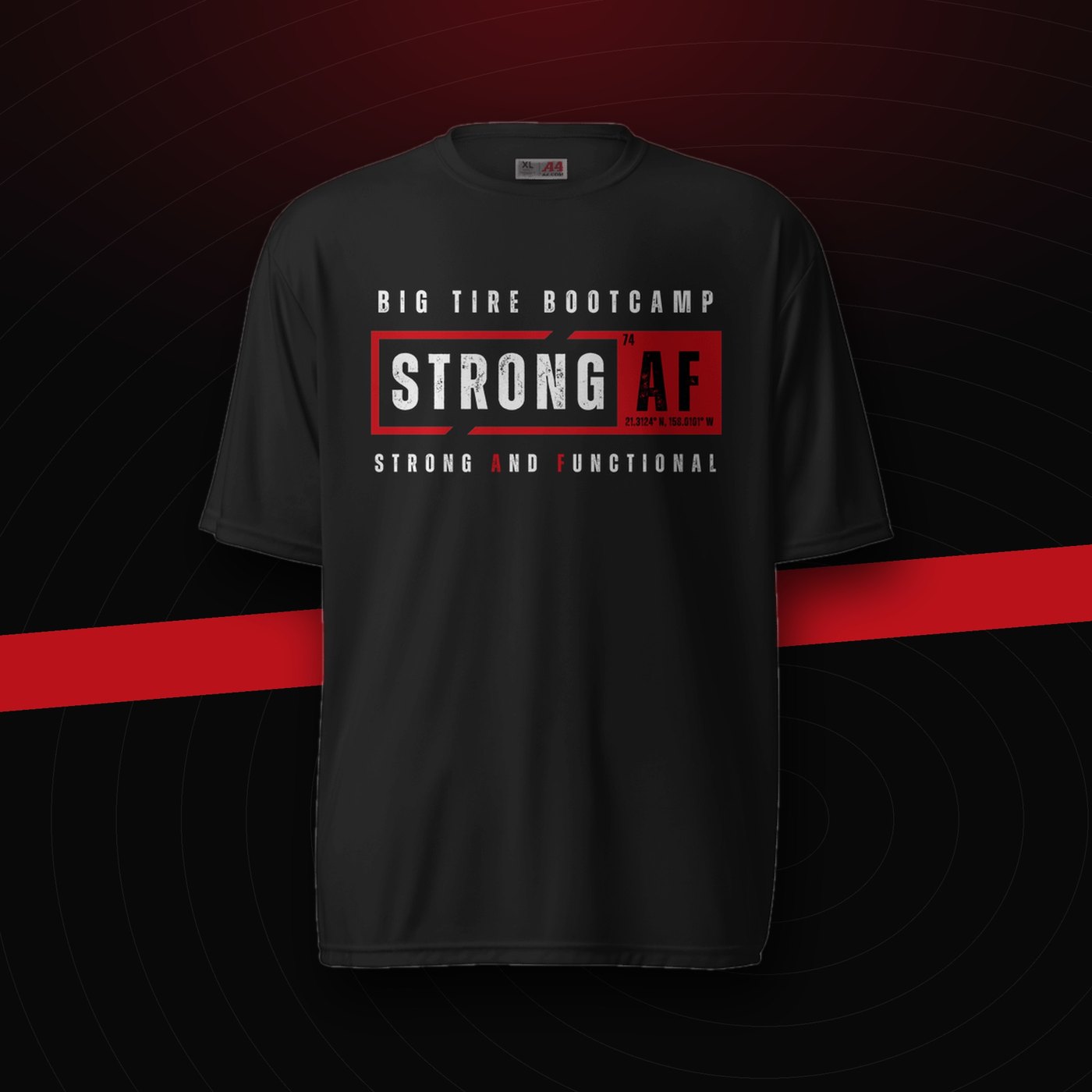Limited-edition BTB STRONG AF shirt — black shirt with the red Big Tire Bootcamp lockup